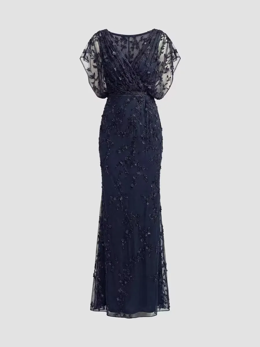 Mac Duggal Beaded Draped Mesh Column Gown by M.A.C.