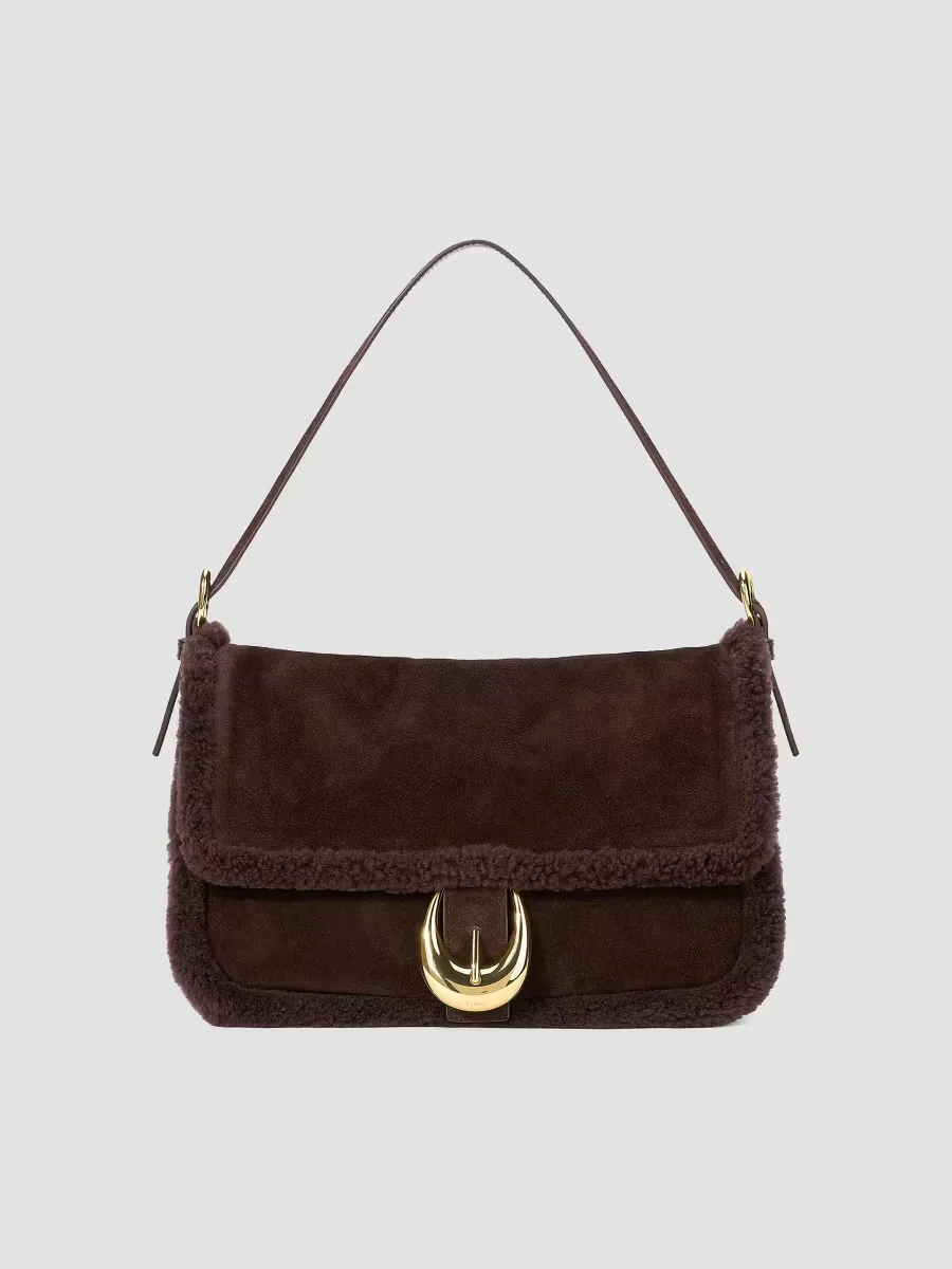 Medium Harlow Shearling-Trim Suede Bag by STAUD