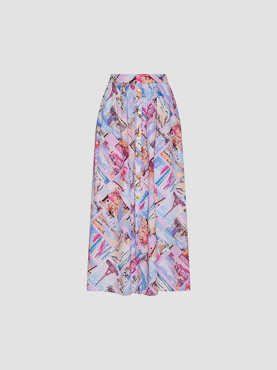 Seina Postage Print Button-Front Midi-Skirt by L'AGENCE