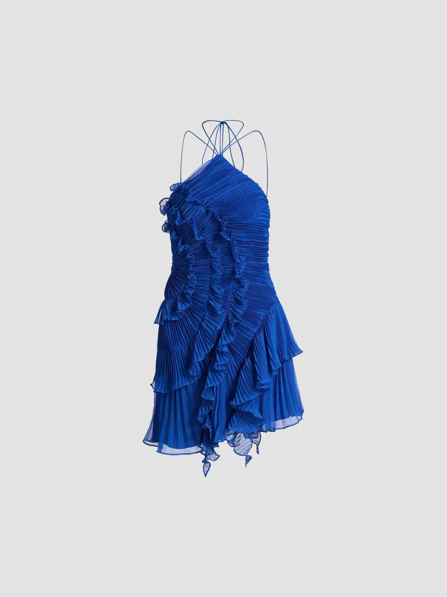 Velora Asymmetric Ruffled Halterneck Minidress