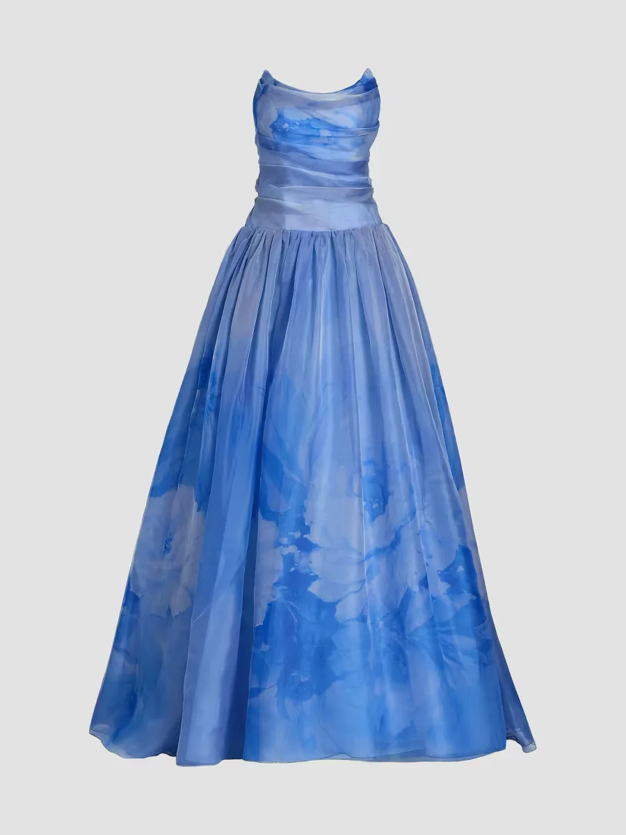 Floral Silk Organza Strapless Gown