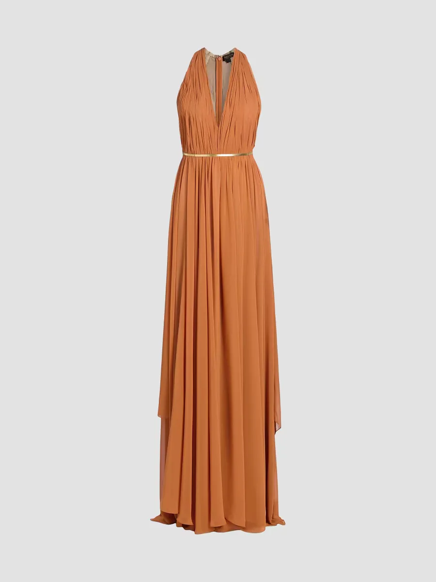Pleated Chiffon Belted A-Line Gown by Reem Acra