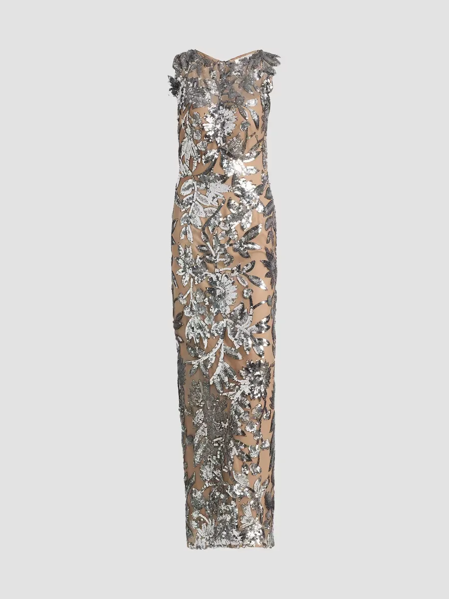 Tokyo Sequin-Feather Sleeveless Gown by Bronx Banco