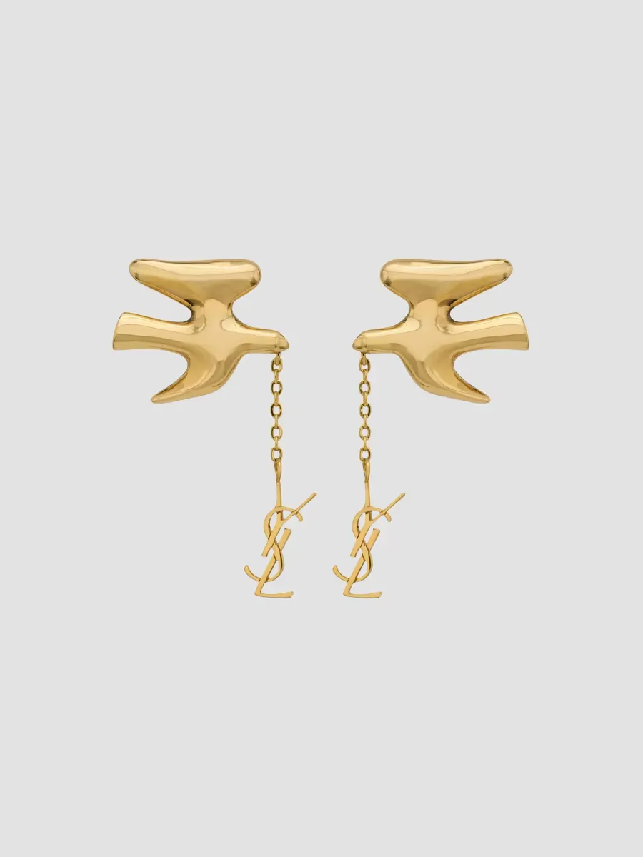 Cassandre Pendant Dove Earrings in Brass by Saint Laurent