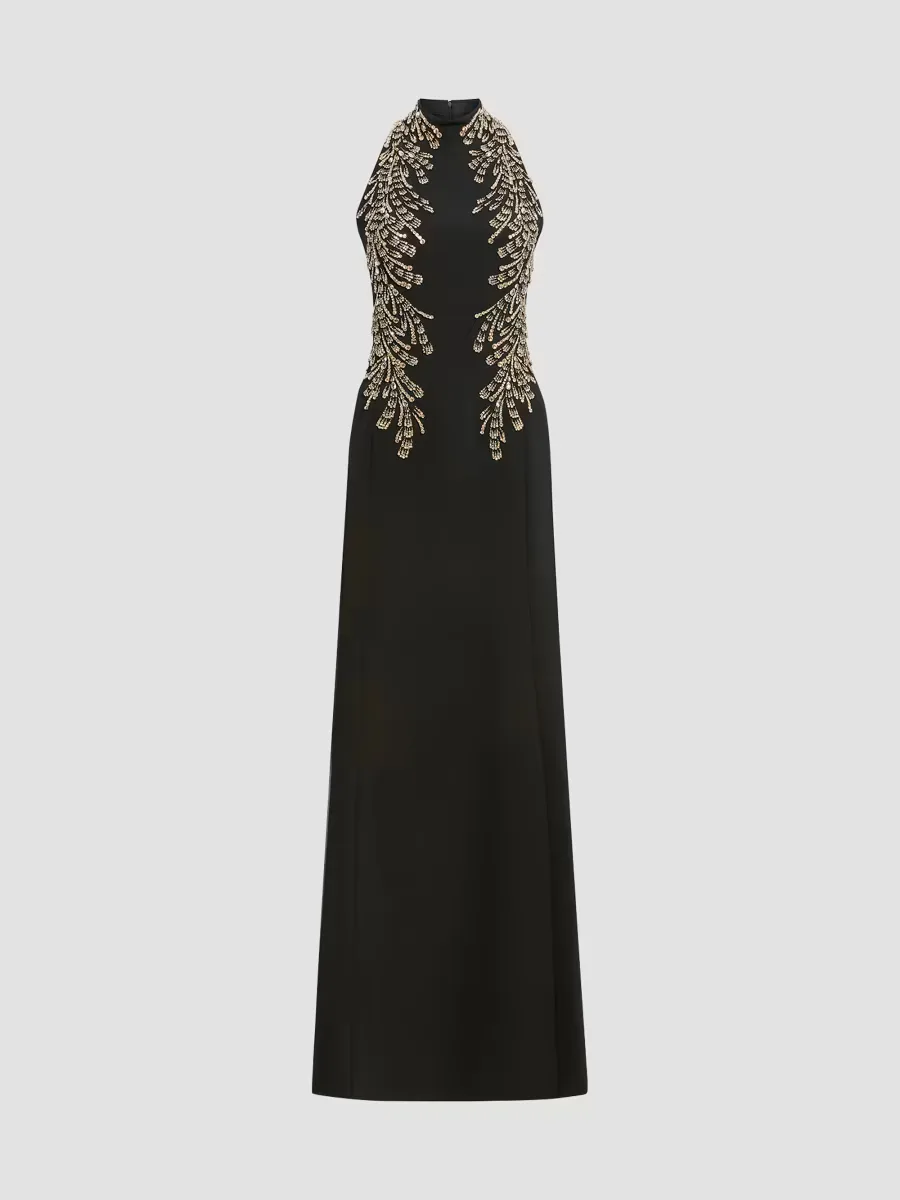 Elu Beaded Crpe Halter Gown by Jenny Packham