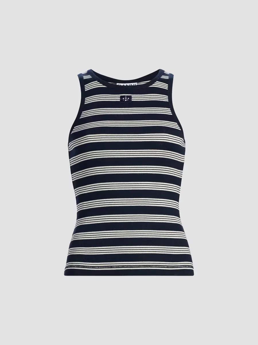 Logo-Embroidered Striped Cotton Tank by GANNI