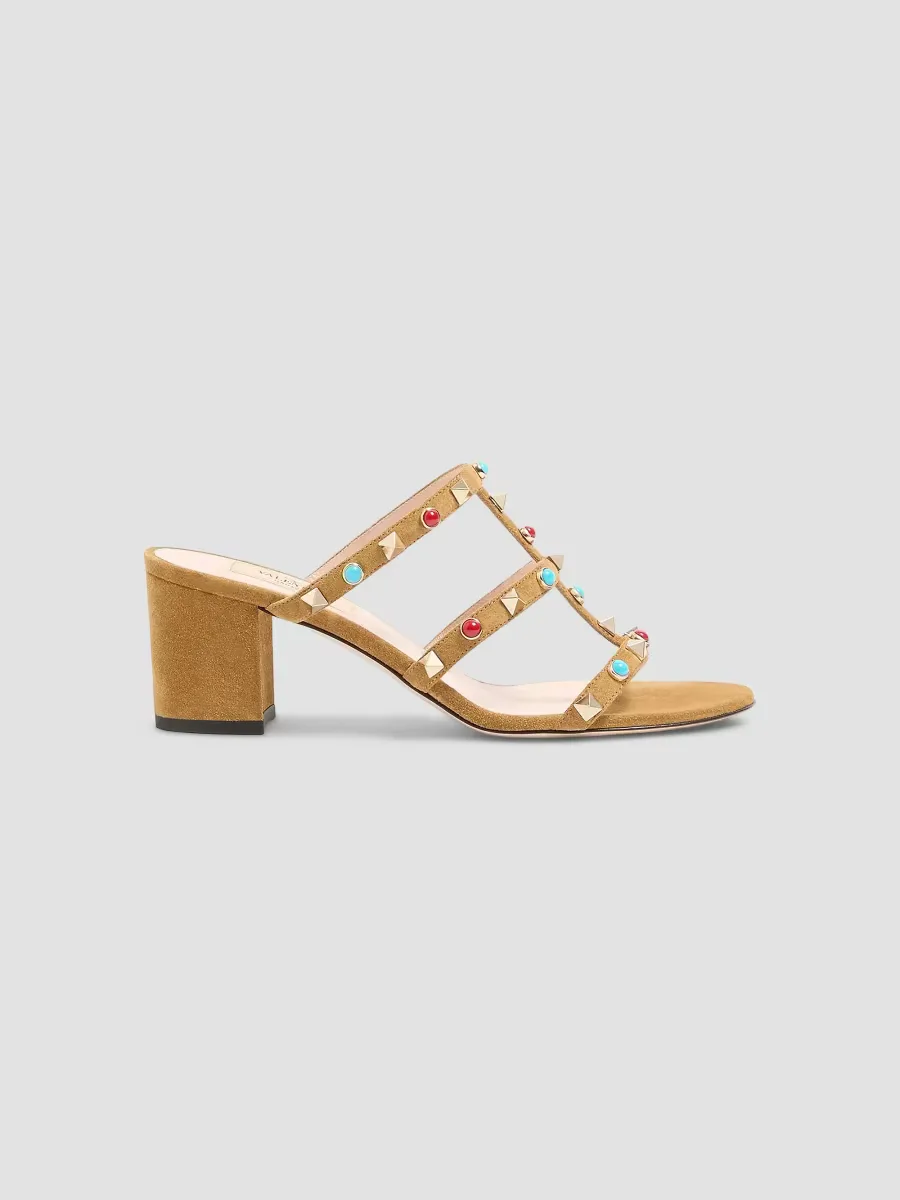 Rockstud Slide Sandals in Suede with Cabochon Stones 60MM by Valentino