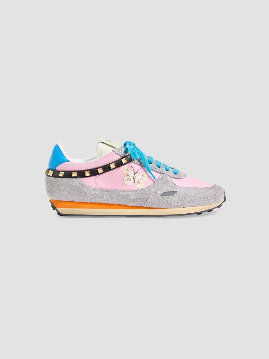 Stud Up Sneakers in Split Leather and Nylon with Butterfly Embroidery