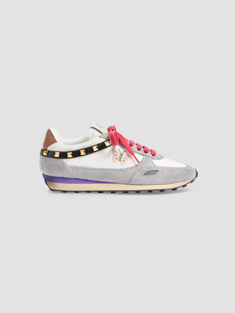 Stud Up Sneaker in Split Leather and Nylon with Butterfly Embroidery by Valentino