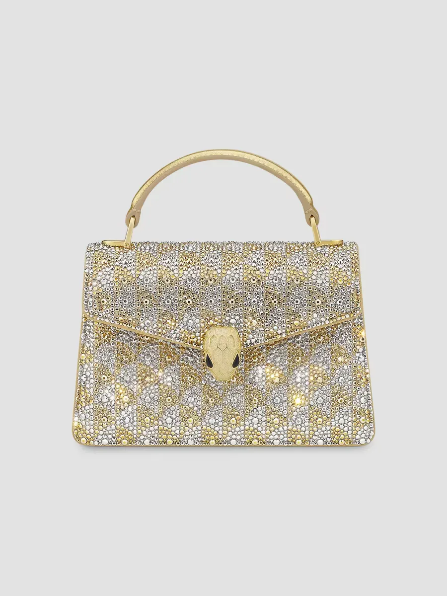 Serpenti Crystal-Embellished Leather Top Handle Bag by BVLGARI
