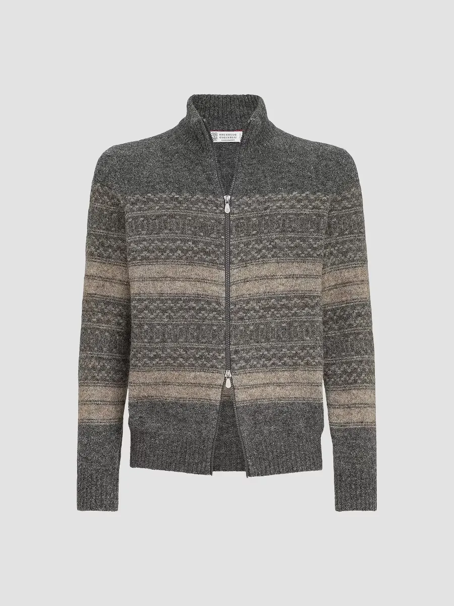 Nordic Jacquard High-Neck Cardigan with Zip by Brunello Cucinelli