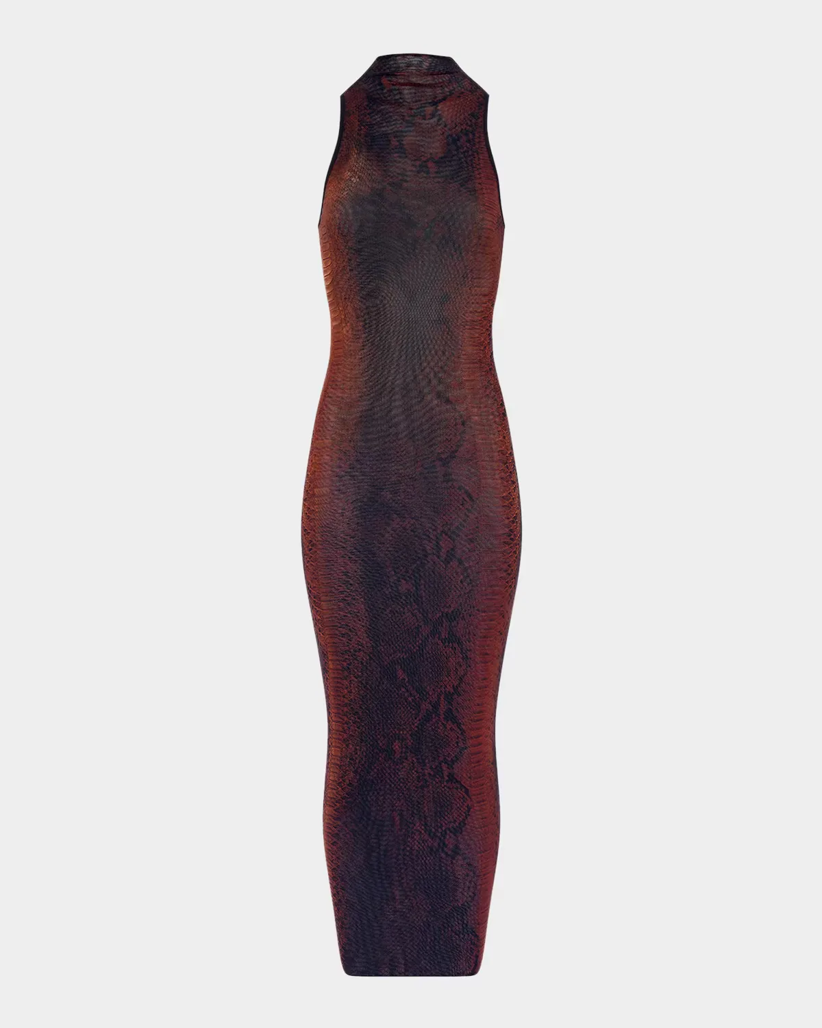 Snakeskin-Print Mesh High-Neck Sleeveless Maxi Dress