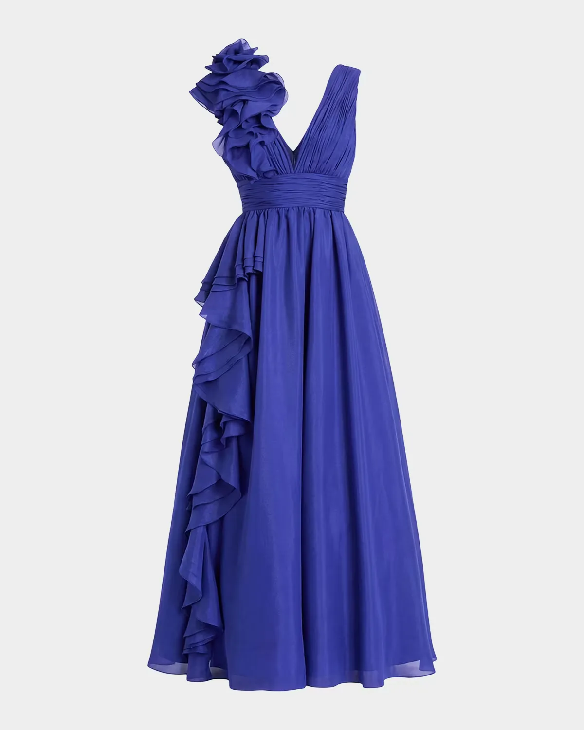 Sleeveless Deep V-Neck Ruffle Gown