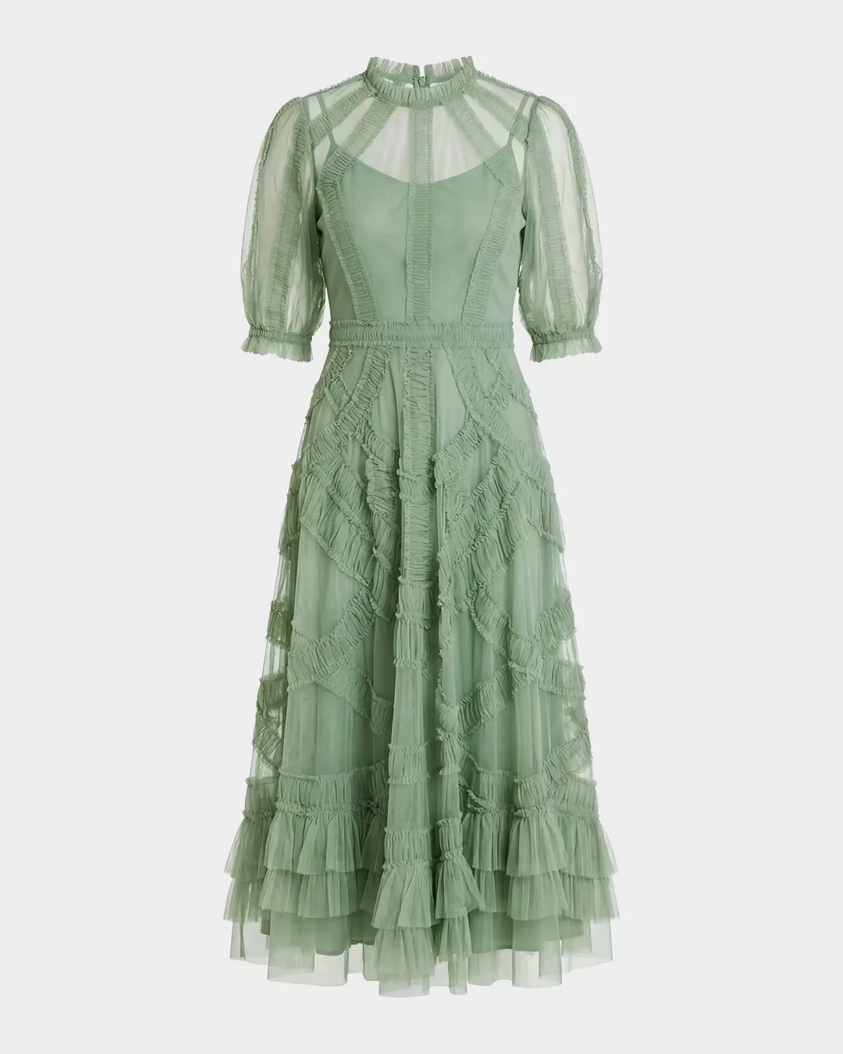 High-Neck Ruffled A-Line Midi Dress by M.A.C.
