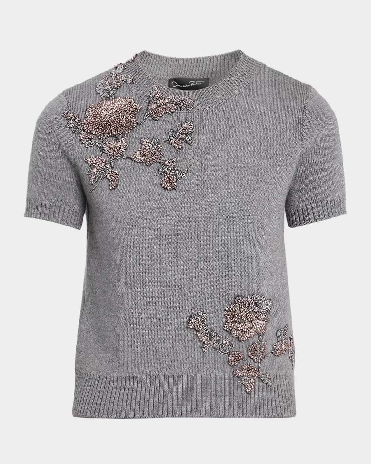 Bead Embroidered Short-Sleeve Wool Sweater by Oscar de la Renta