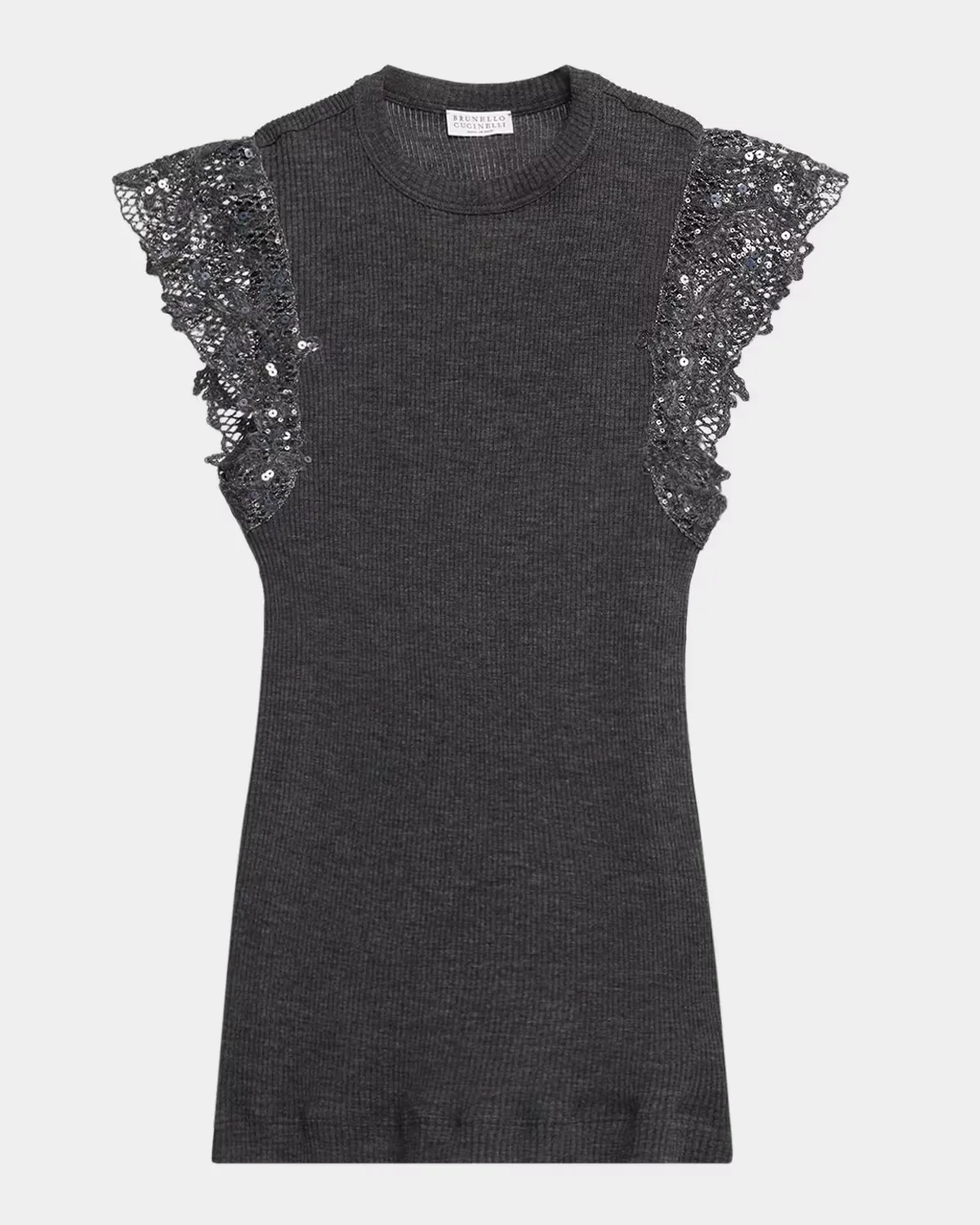 Shimmer Net Knit Cap-Sleeve Wool Jersey Rib Top by Brunello Cucinelli