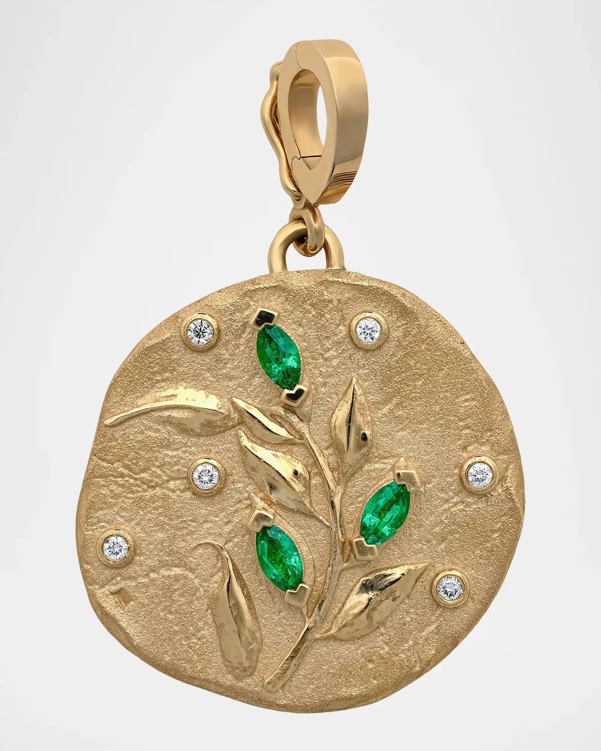 18K Olive Branch Medium Coin Pendant with Emerald Marquise by AZLEE