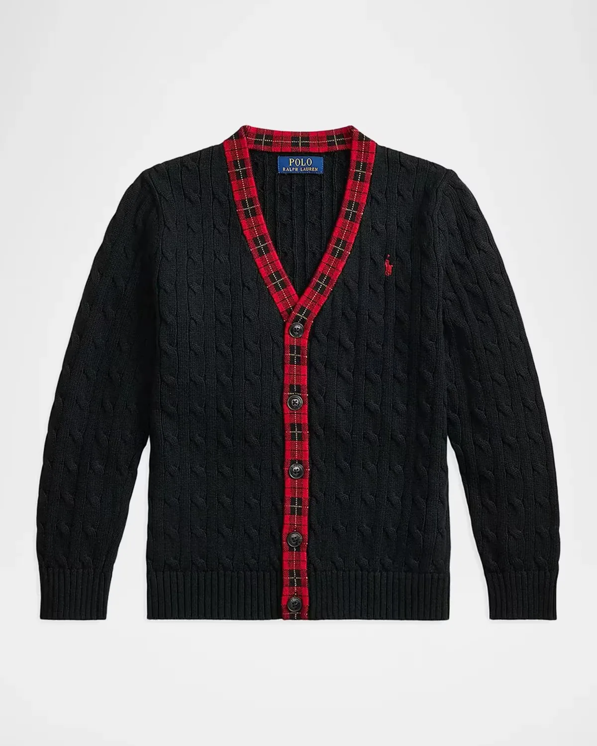 Plaid-Trim Cable Cotton Cardigan by Polo Ralph Lauren