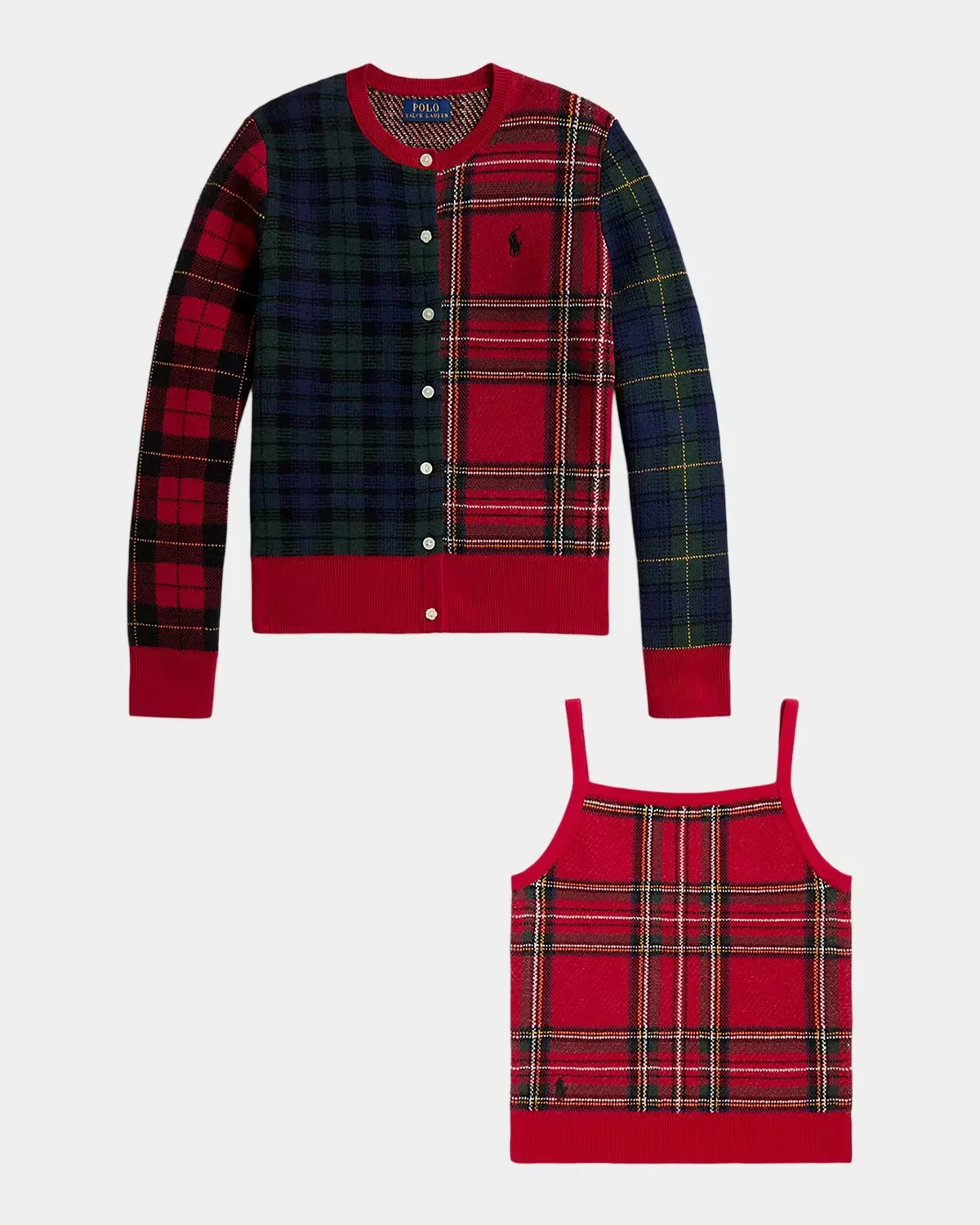 Mixed-Plaid Cardigan & Tank Top Set by Ralph Lauren