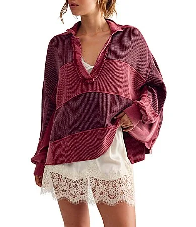 Rainn Striped Collared V-Neck Long Sleeve Waffle Knit Thermal Top by Free People