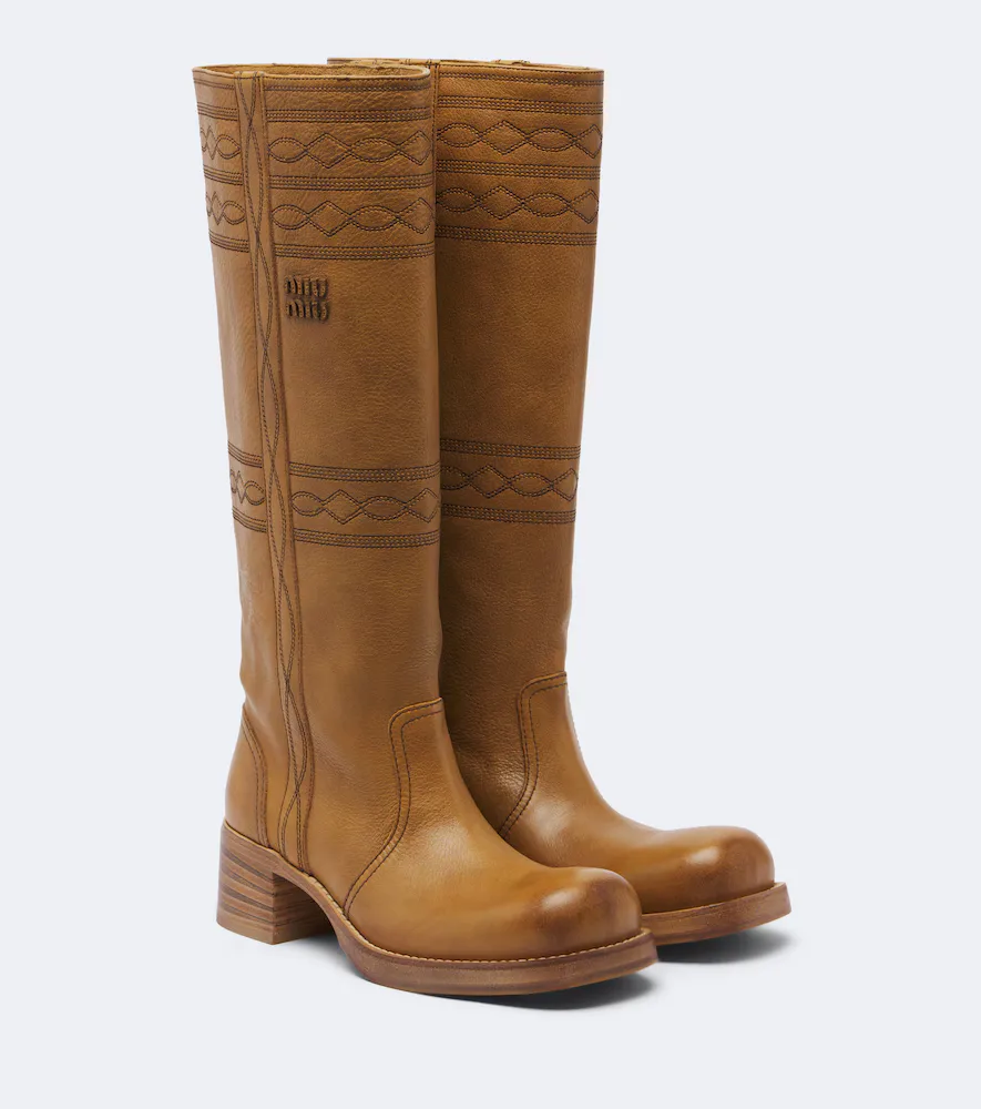 Embroidered Leather Knee-High Boots by Miu Miu