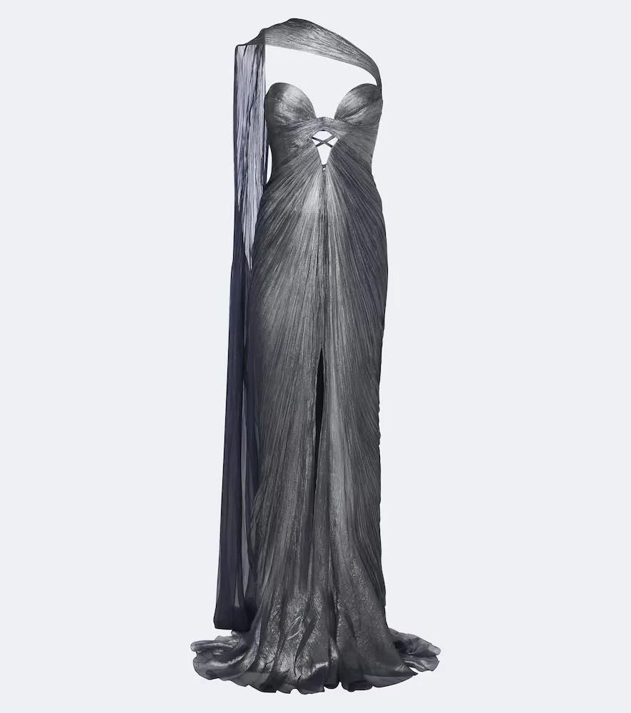 Morgan Scarf-Detail Pleated Silk Bustier Gown