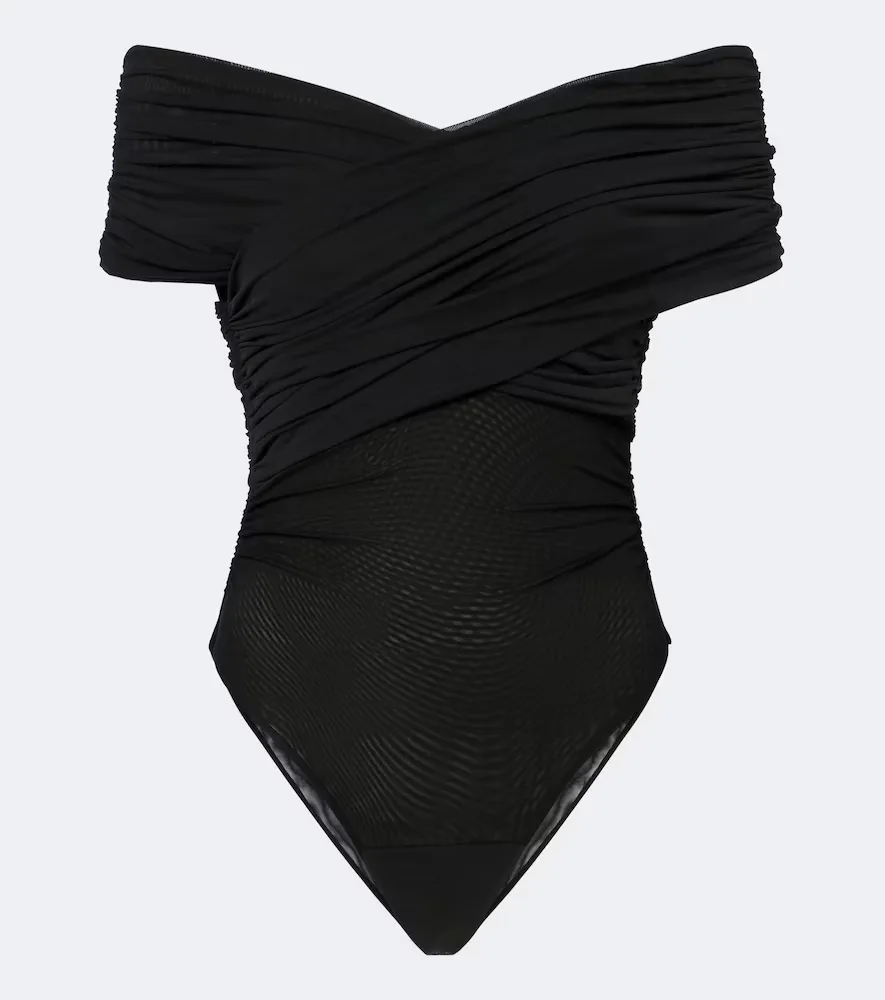 Off-Shoulder Ruched Mesh Bodysuit by Sir