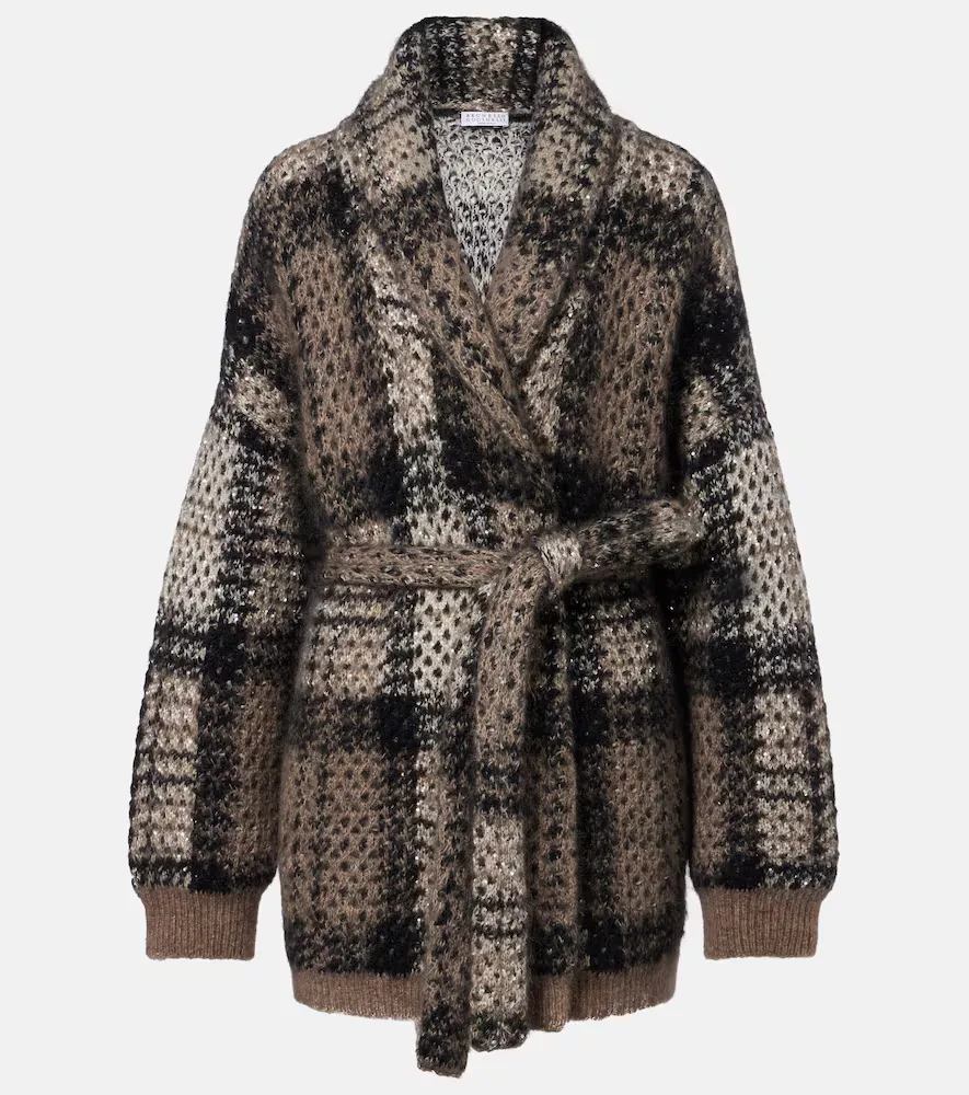 Checked Sequined Wrap Cardigan