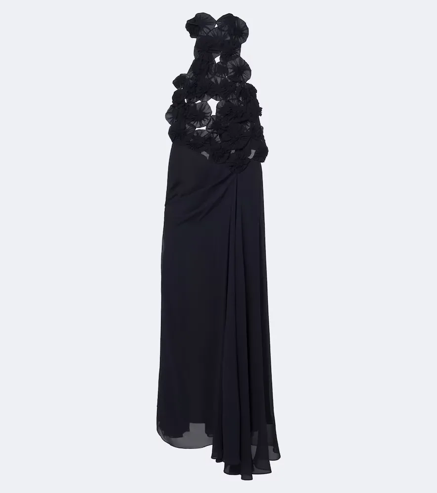 Cutout Floral-Appliqu Silk Gown