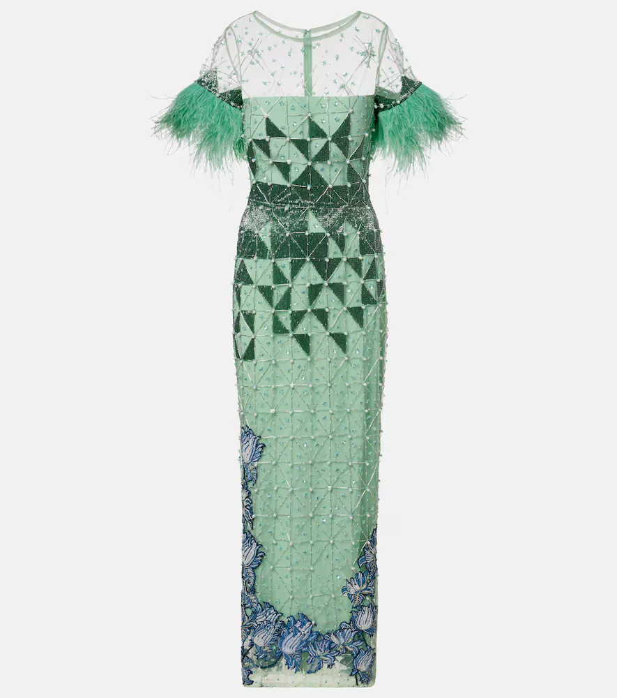 Embellished Feather-Trimmed Gown