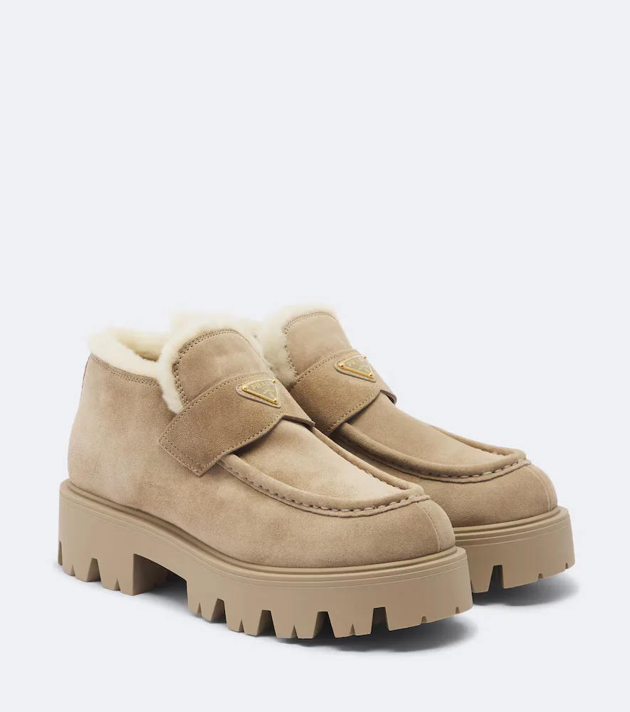 Shearling-Trimmed Suede Platform Ankle Boots by Prada