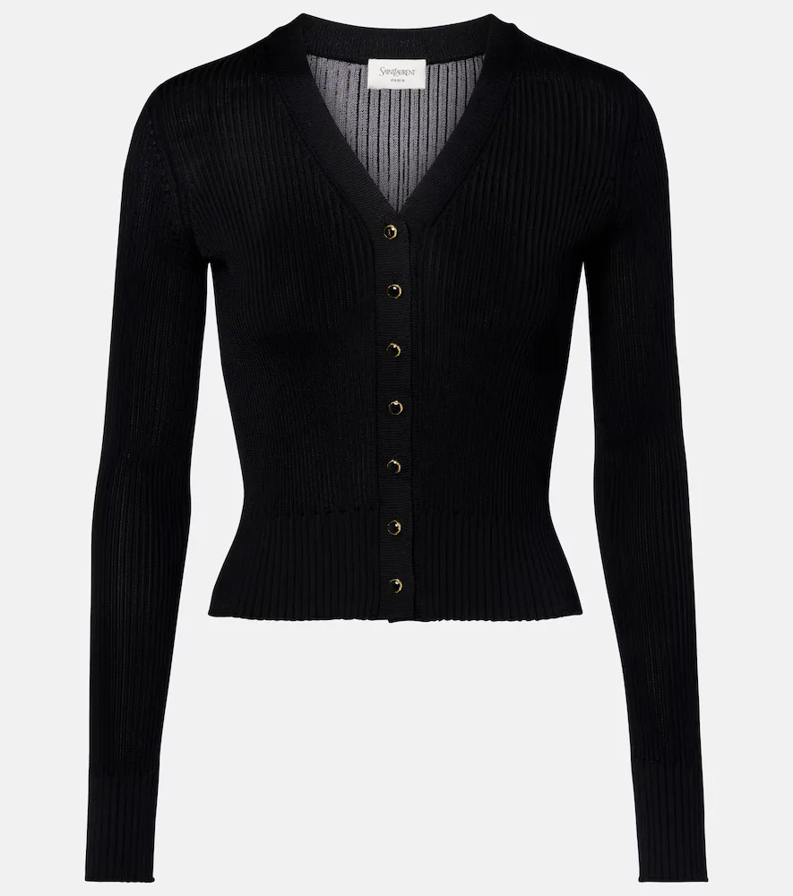 Ribbed-Knit Wool, Cashmere, Silk Cardigan