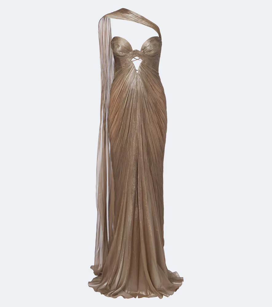 Morgan Scarf-Detail Pleated Silk Bustier Gown