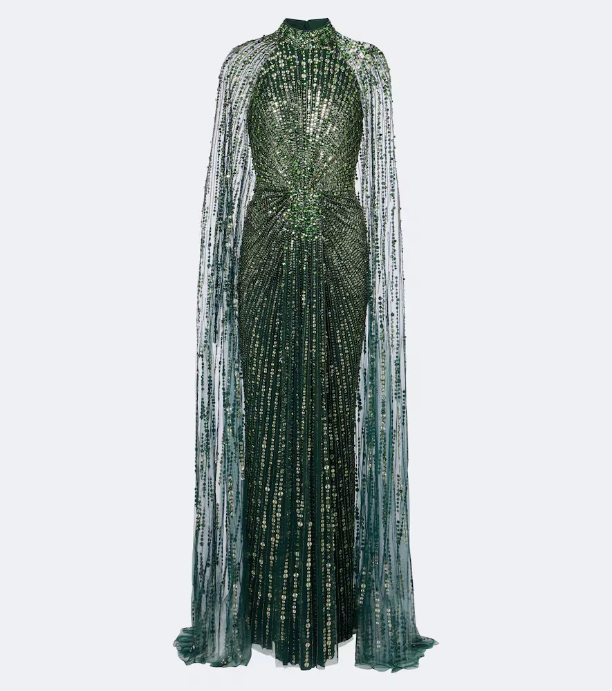 Cairo Embellished Gathered Caped Gown