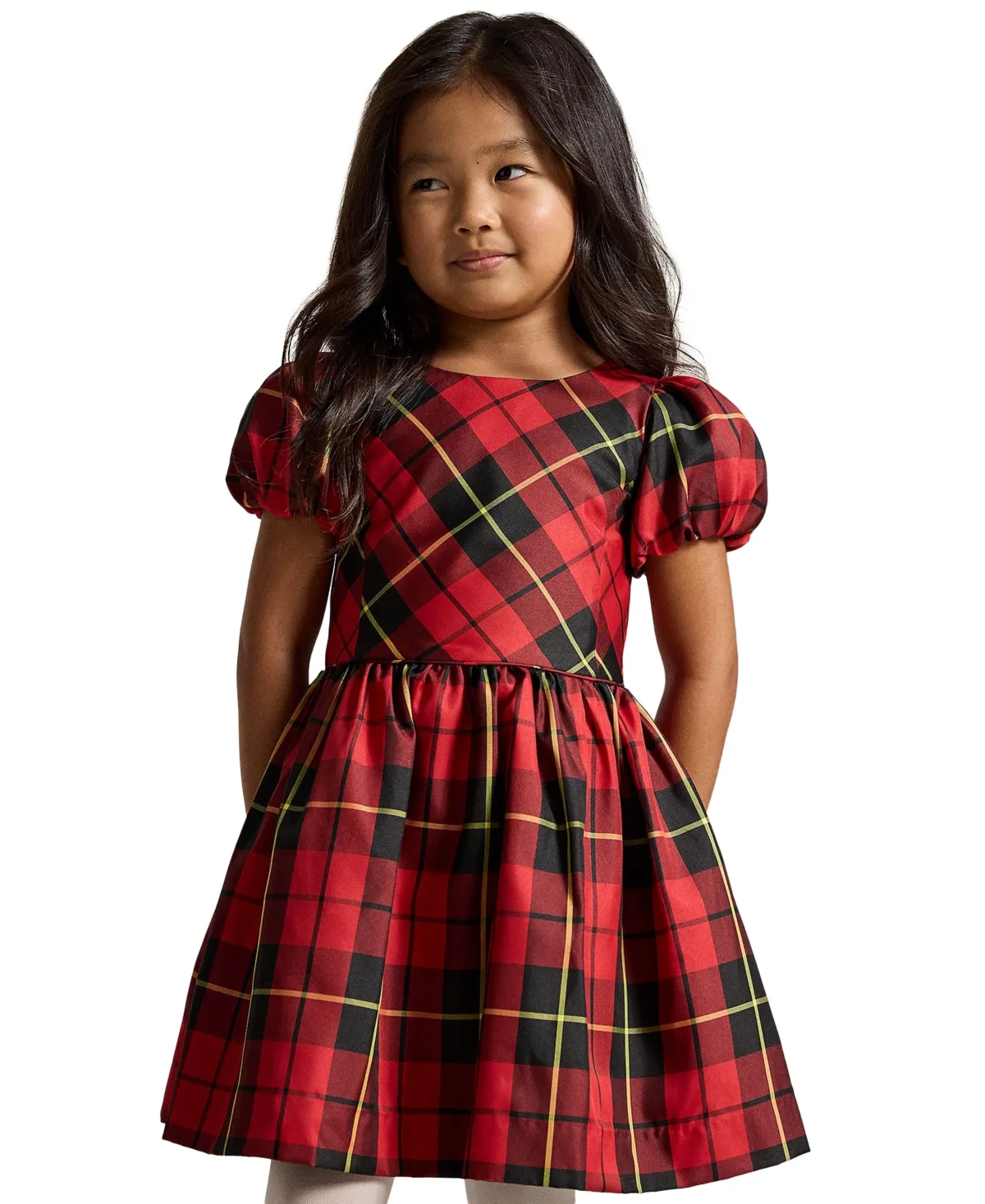 Plaid Balloon-Sleeve Taffeta Dress by Polo Ralph Lauren