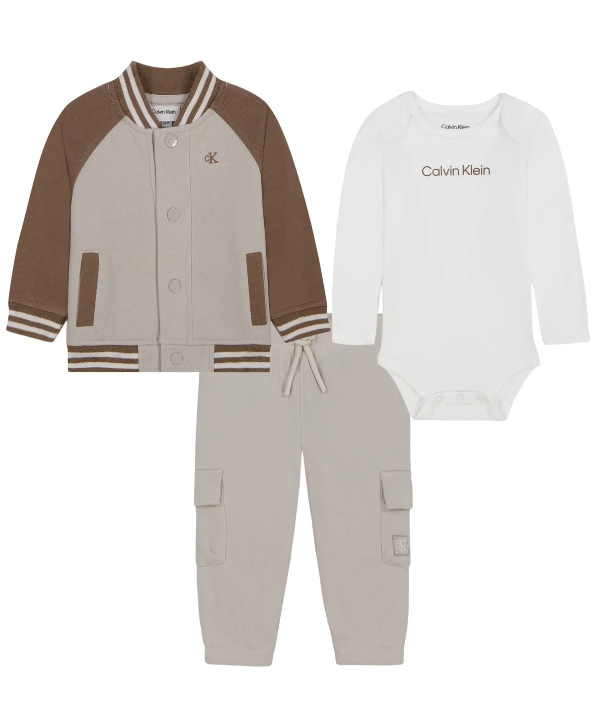 Fleece Baseball Jacket, Bodysuit and Cargo Jogger Pants, 3-Piece Set by Calvin Klein