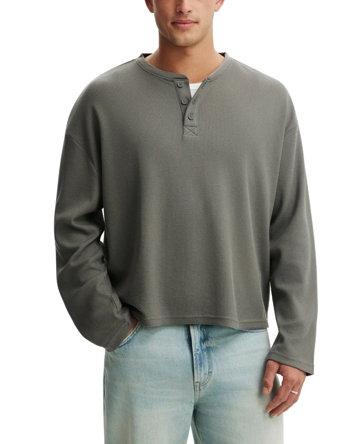 Relaxed-Fit Waffle-Knit Long-Sleeve Henley by Cotton on