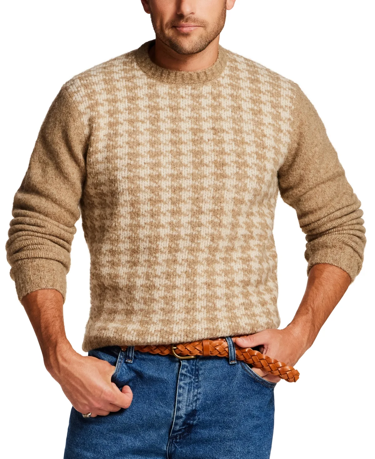 Fuzzy-Knit Houndstooth Long-Sleeve Crewneck Sweater by Weatherproof Vintage
