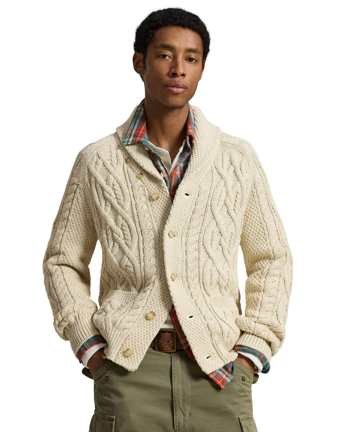 Cable-Knit Shawl Collar Cardigan