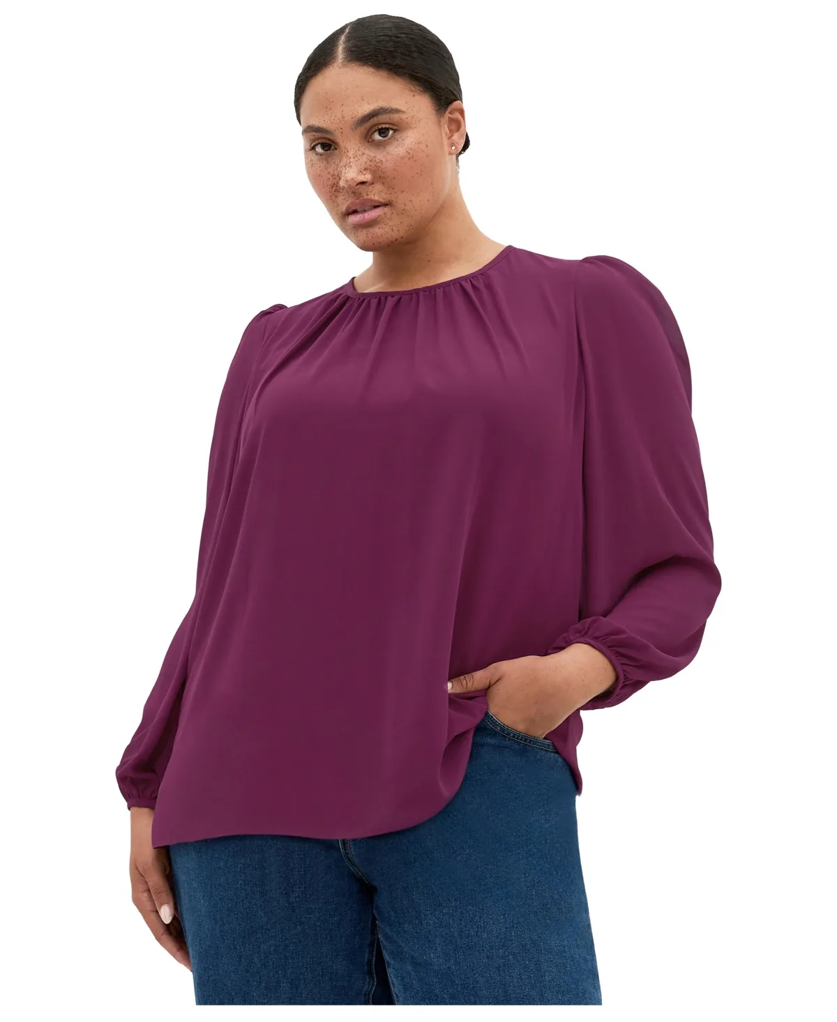Kelly Sheer-Sleeve Crewneck Blouse by City Chic