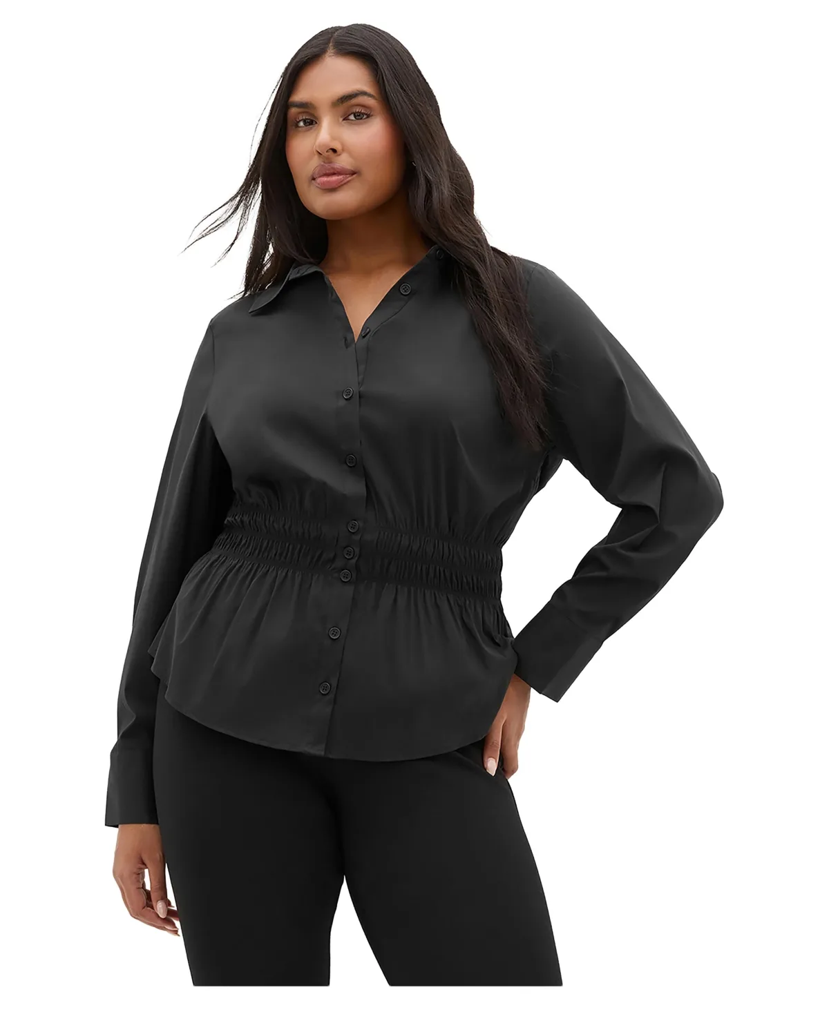 Collared Long-Sleeve Shirred-Waist Blouse by City Chic