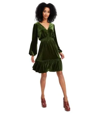 V Neck Smocked Waist Long Sleeve Velvet Dress by Taylor
