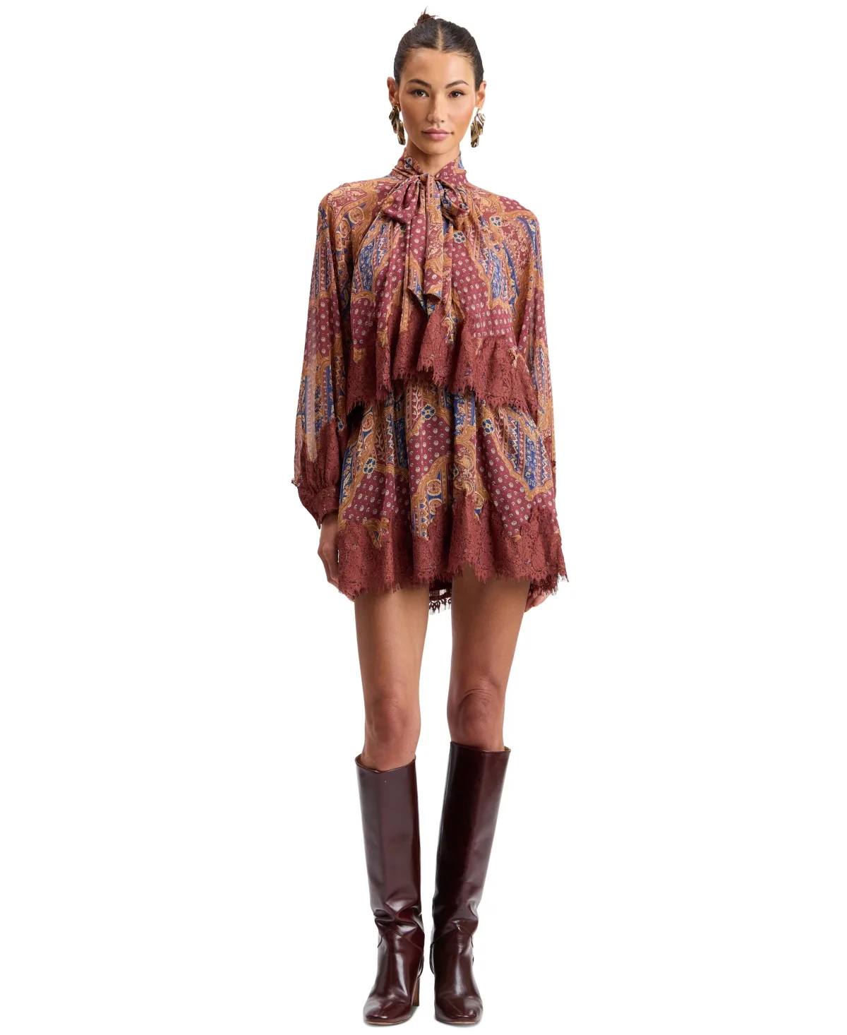 Tie-Neck Long-Sleeve Tiered Mini Dress by Avec Les Filles