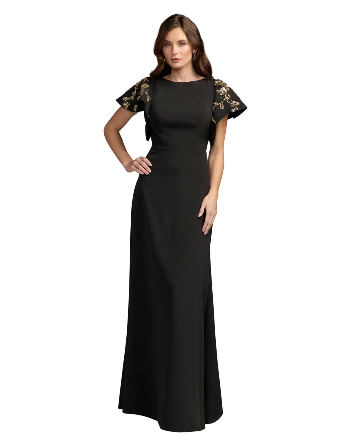 Embellished Flutter-Sleeve Sheath Gown by M.A.C.