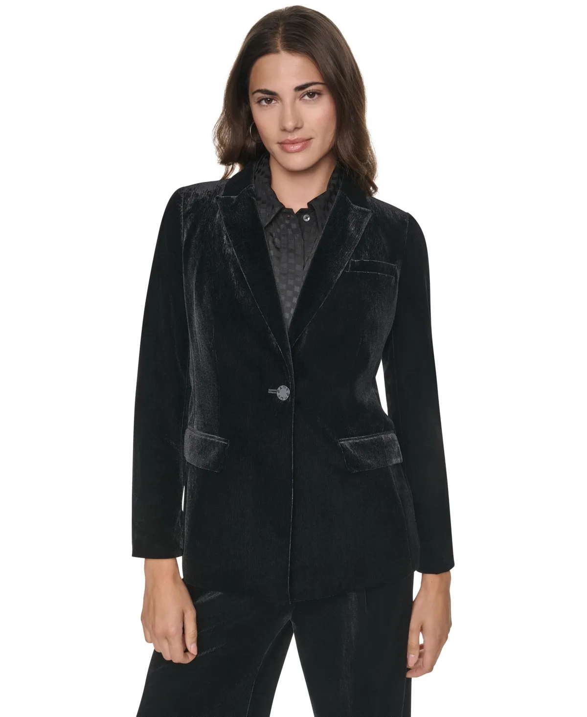 Velvet Button-Front Fitted Blazer by DKNY