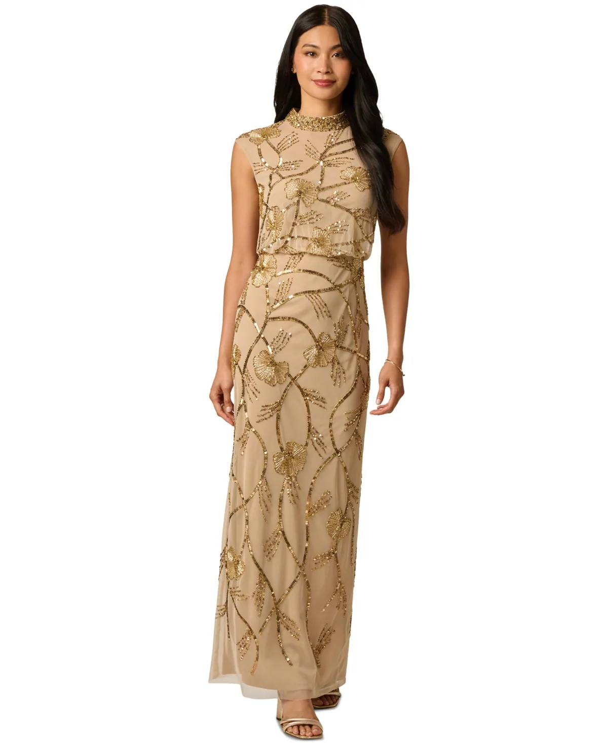 Mock Neck Beaded Floral Gown by Adrianna Papell