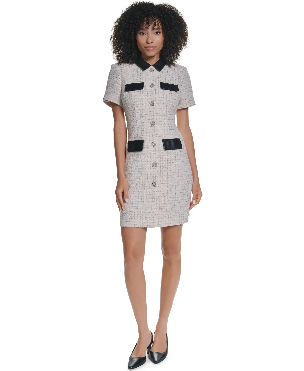 Boucle-Tweed Short-Sleeve Knee-Length Dress