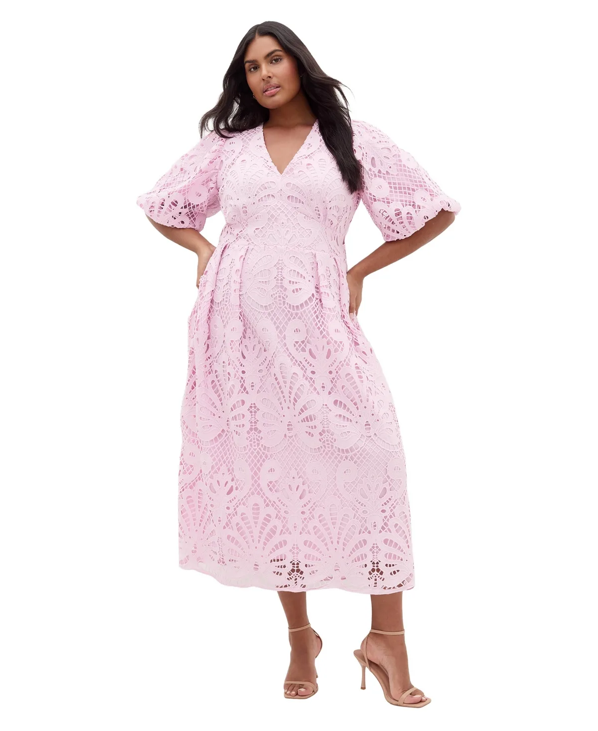 Kylee V-Neck Balloon-Sleeve Embroidered-Lace Midi Dress by City Chic
