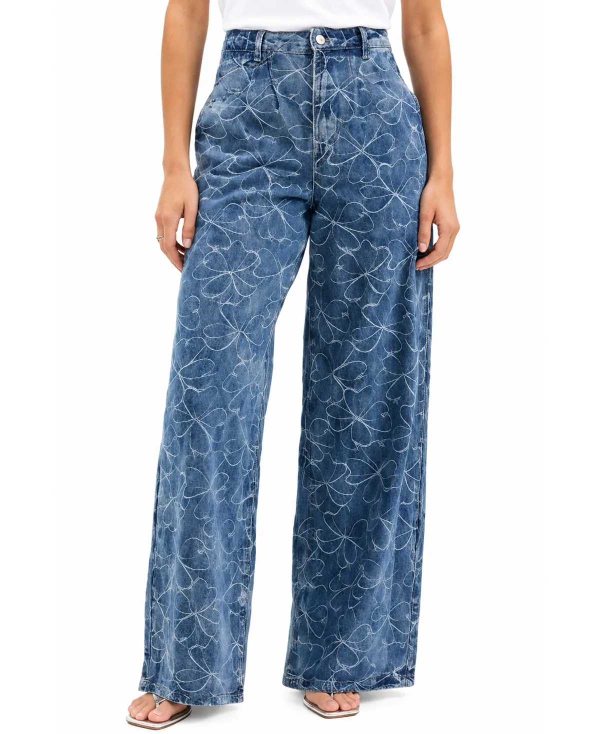 Wide Leg Pleated Embroidered Denim Pants by Joie