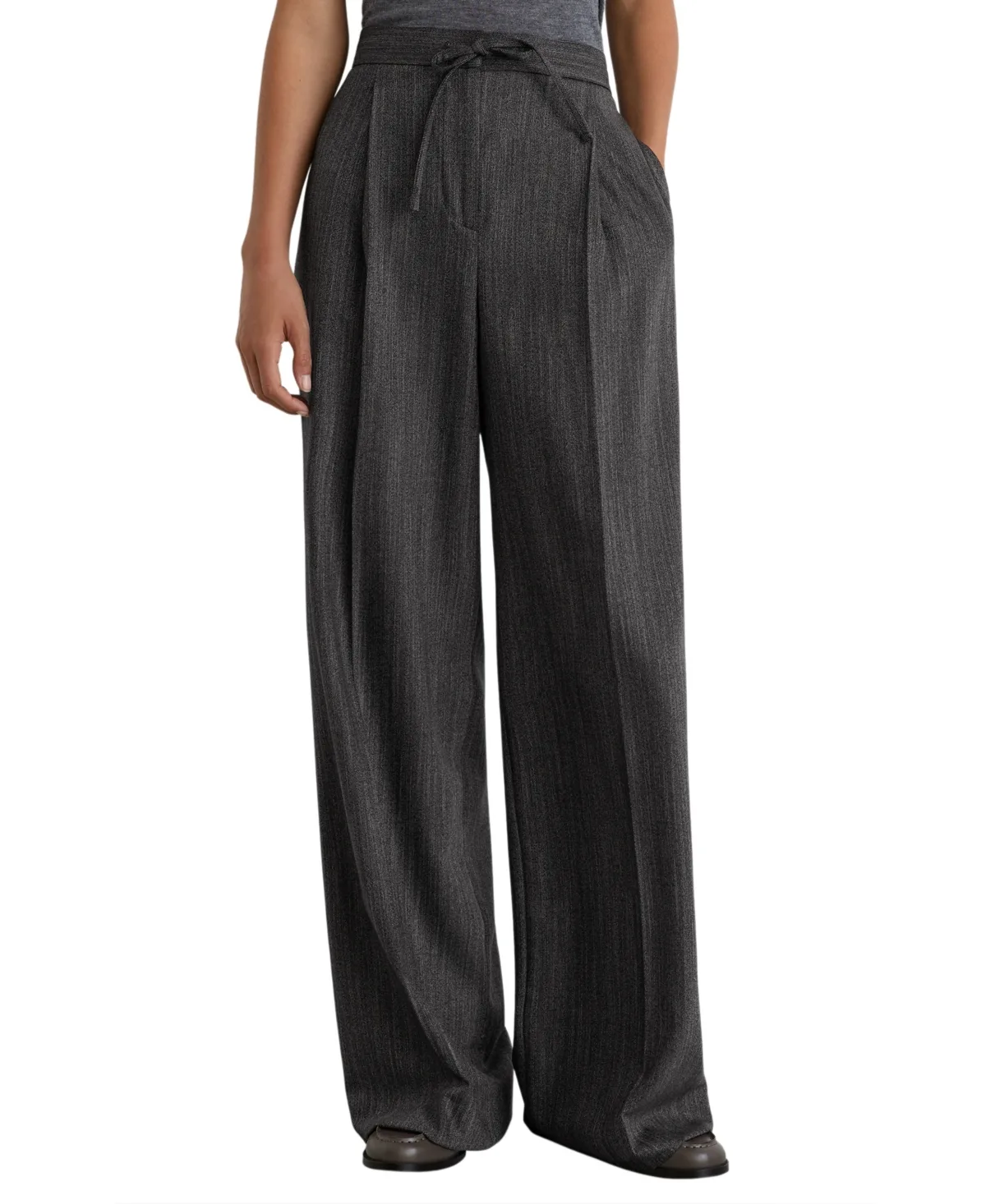 Derby Wide-Leg Pleated Herringbone Pants by Reiss